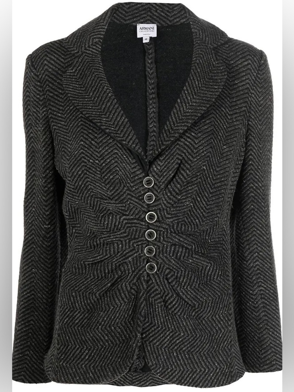 ARMANI COLLEZIONI Rare Chevron Wool Knit Blazer Jacket Grey Black Ruched Sz 12